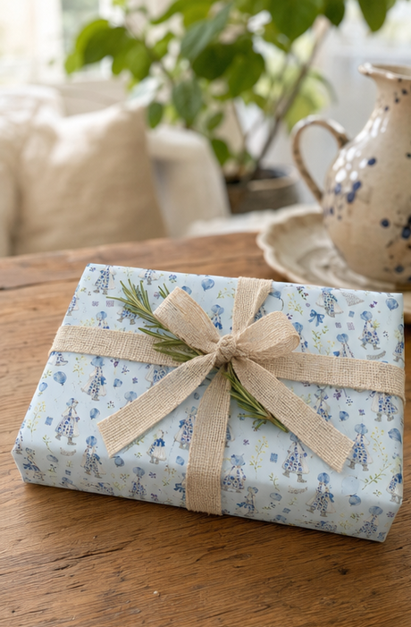 A rectangular gift box wrapped in Power Blue Bonnet Girls Wrapping Paper with a beige burlap ribbon tied in a bow, placed on a wooden table with a blurred ceramic pitcher and green plants in the background.