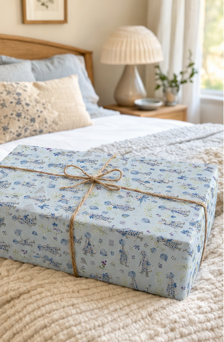 A gift box wrapped in Power Blue Bonnet Girls Wrapping Paper, tied with a twine string, resting on a beige textured blanket in a softly lit bedroom setting.