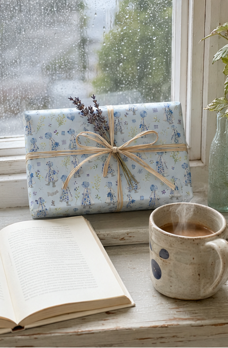 A wrapped gift box with a Power Blue Bonnet Girls Wrapping Paper with a raffia ribbon bow sits on a windowsill next to an open book and a ceramic mug. Raindrops are visible on the window behind it.