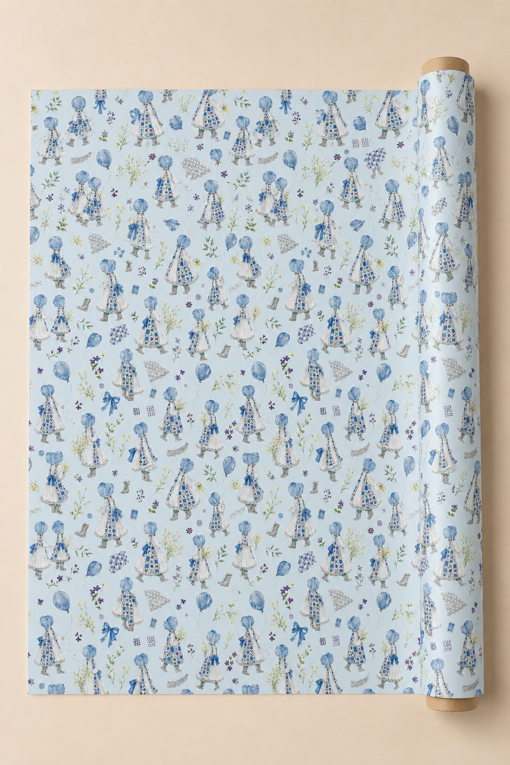 Light blue wrapping paper with a repeating pattern of Power Blue Bonnet Girls Wrapping Paper, shown partially unrolled from a wooden roll against a solid beige background.