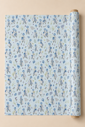 Light blue wrapping paper with a repeating pattern of Power Blue Bonnet Girls Wrapping Paper, shown partially unrolled from a wooden roll against a solid beige background.