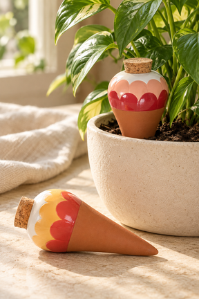 Set of two Ana Rose ceramic watering spikes with tapered terracotta bodies, rounded patterned tops and cork stoppers. Two coordinating scalloped designs feature blush pink, red, ochre and cream