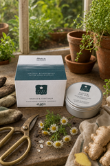 A tin of Muscle & Joint Balm sits next to its white and teal cardboard box on a rustic stone surface, surrounded by gardening props like scissors, daisies, ginger, and potted plants in the background.
