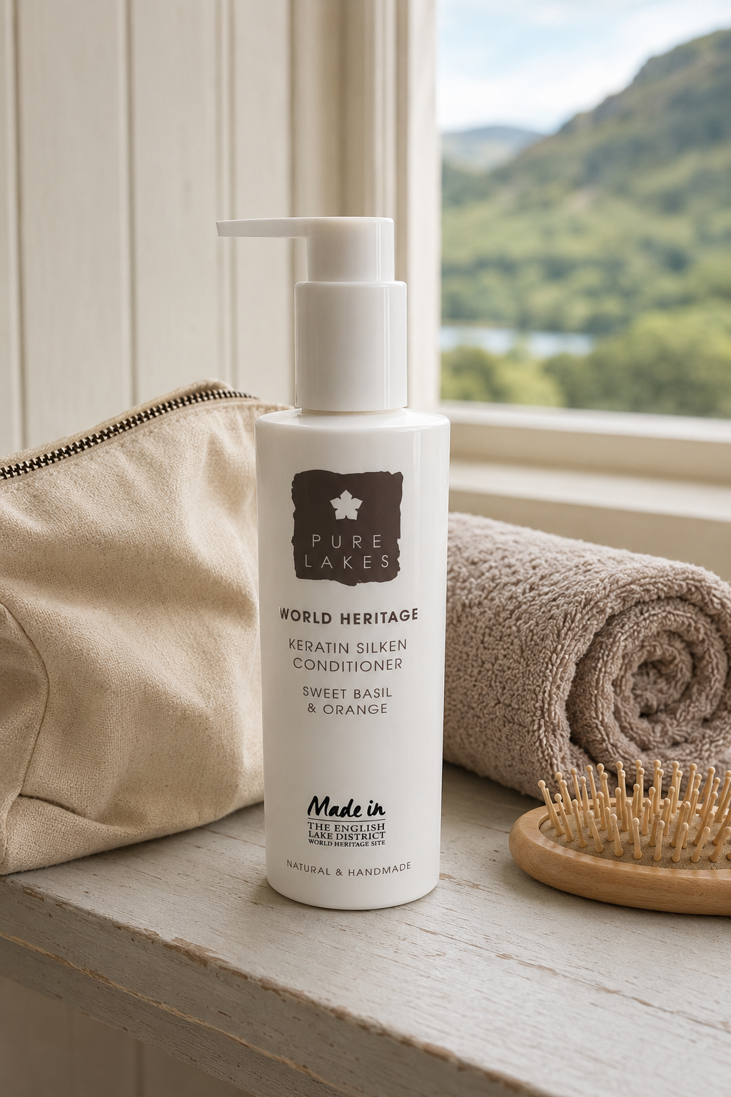 A bottle of Pure Lakes World Heritage Keratin Silken Conditioner in Sweet Balm & Orange scent, styled on a windowsill with a beige canvas bag, a rolled brown towel, and a wooden hairbrush against a window view of a green mountain landscape.