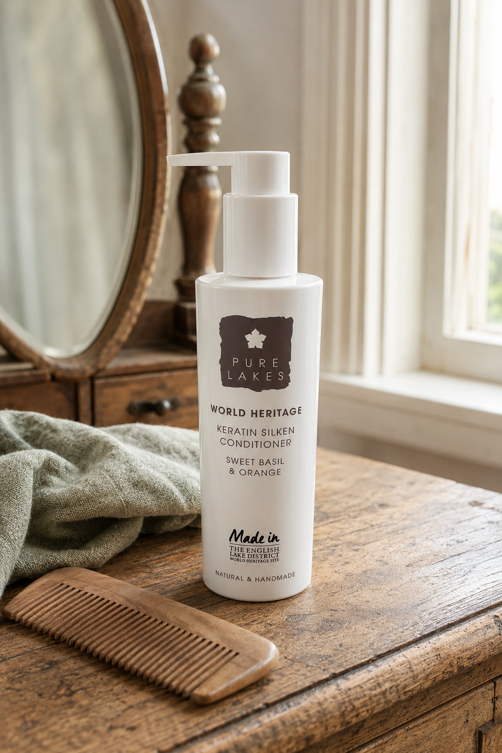 A bottle of Pure Laves World Heritage Keratin Silk Conditioner stands on a rustic wooden table next to a green towel and wooden comb, with a vintage mirror and window in the background.
