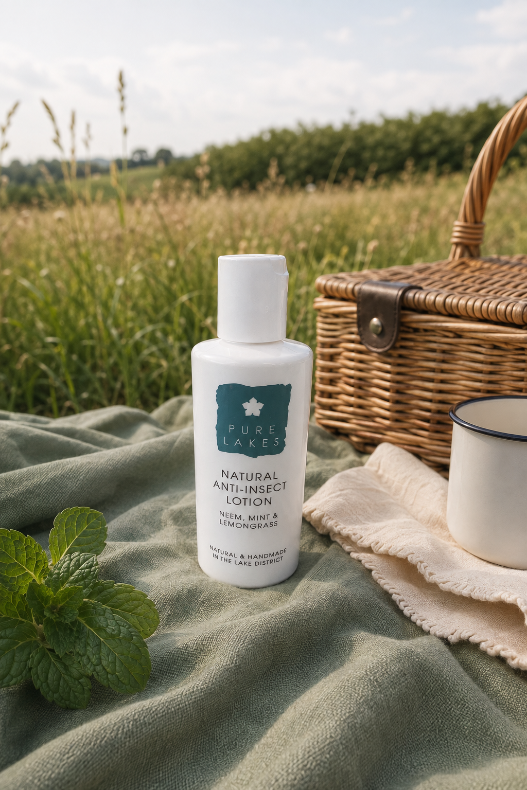 A bottle of Pure Lakes Natural Anti-Insect Lotion stands on a green blanket outdoors, styled with a wicker picnic basket, a white mug, mint leaves, and a grassy field in the background.