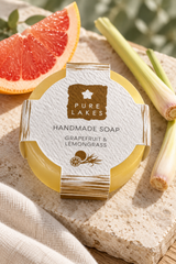 Fresh citrus for your everyday routine. This 70g grapefruit and lemongrass soap bar is handmade in the Lake District, with essential oils and glycerin
