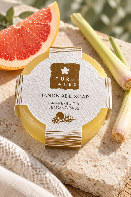 Fresh citrus for your everyday routine. This 70g grapefruit and lemongrass soap bar is handmade in the Lake District, with essential oils and glycerin