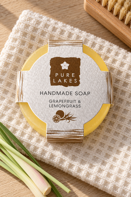 A round bar of Pure Lakes Handmade Soap in Grapefruit & Lemongrass scent, wrapped in a kraft paper band and placed on a textured cream towel with lemongrass stems and a wooden brush nearby.