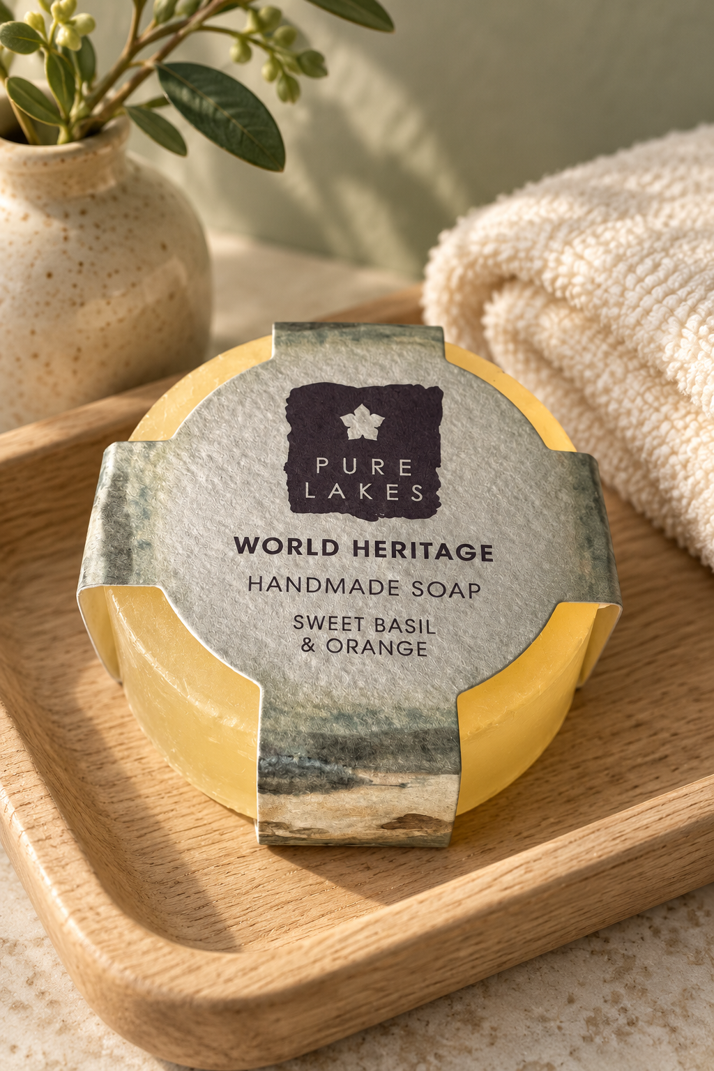 A round bar of Pure Lakes handmade soap labeled 'World Heritage Sweet Basil & Orange' resting on a wooden tray, with a beige towel and a small potted plant in the background.