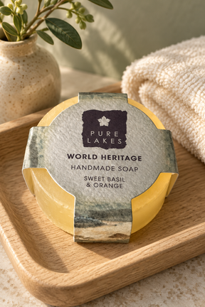 A round bar of Pure Lakes handmade soap labeled 'World Heritage Sweet Basil & Orange' resting on a wooden tray, with a beige towel and a small potted plant in the background.