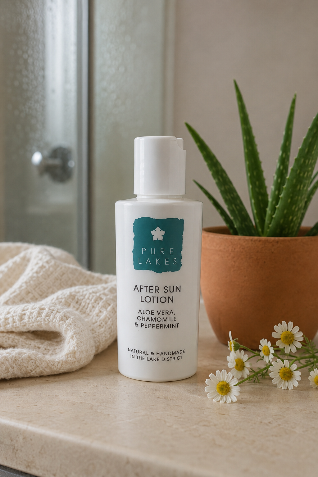 A bottle of Pure Lakes After Sun Lotion stands on a beige stone surface, styled with a folded cream towel, a potted aloe vera plant, and small white daisies. The background shows a softly blurred bathroom setting with a glass shower door.