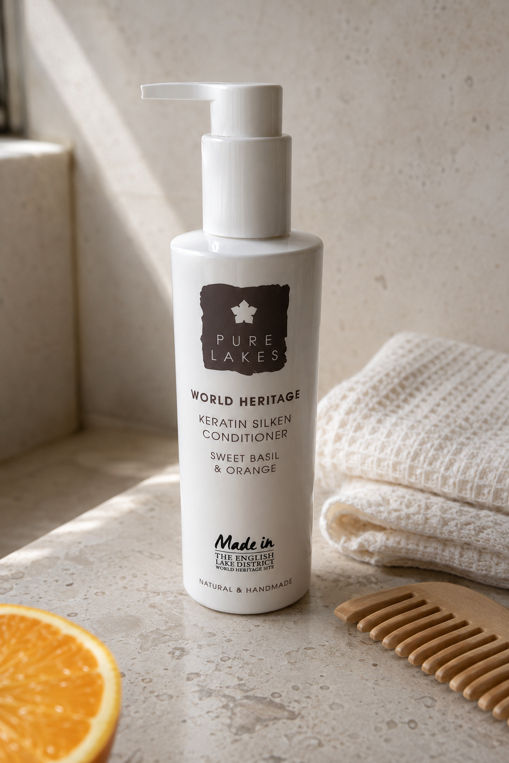 A white pump bottle of Pure Lakes World Heritage Keratin Silken Conditioner, Sweet Basil & Orange, styled on a textured stone surface with a folded white towel, a wooden comb, and a slice of orange.