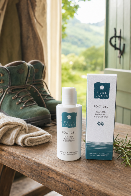 Pure Lakes Tea Tree Rosemary & Oregano Foot Gel bottle and box displayed on a rustic wooden table next to green hiking boots, a folded beige towel, and rosemary sprigs, with a blurred outdoor mountain background.