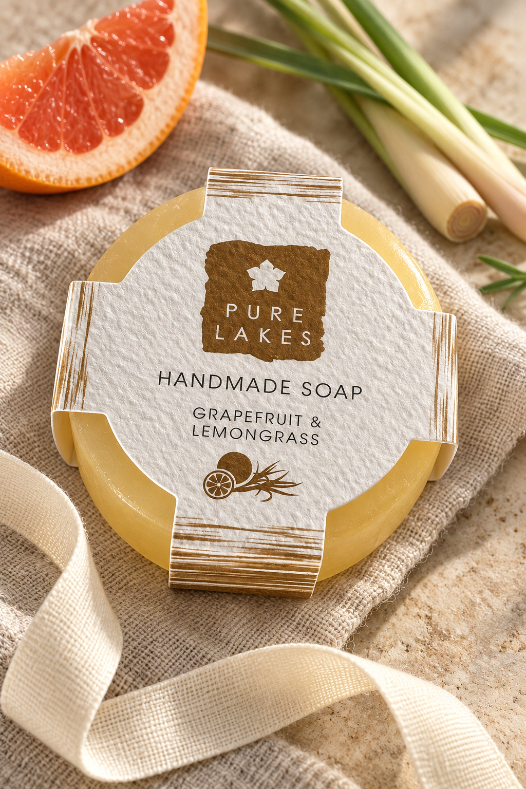 A 70g handmade soap bar with grapefruit and lemongrass essential oils and a fresh herbal scent. Made in small batches in the Lake District