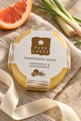A 70g handmade soap bar with grapefruit and lemongrass essential oils and a fresh herbal scent. Made in small batches in the Lake District