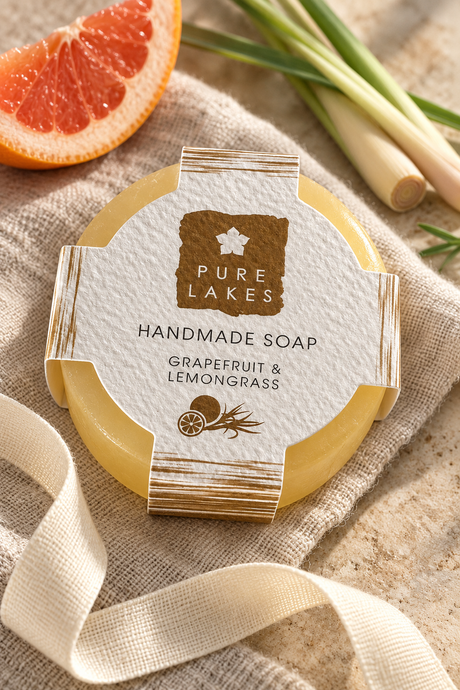A 70g handmade soap bar with grapefruit and lemongrass essential oils and a fresh herbal scent. Made in small batches in the Lake District