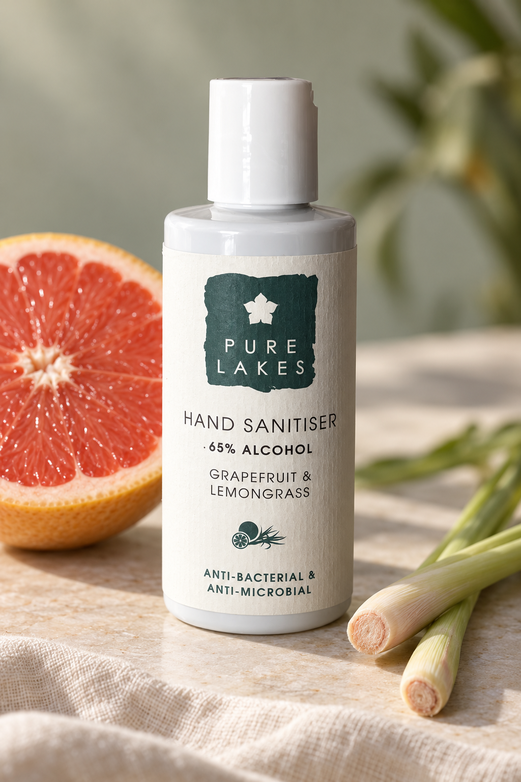 A bottle of Pure Lakes Hand Sanitiser with grapefruit and lemongrass scent, styled on a linen surface with a grapefruit slice and lemongrass stalks in the background.