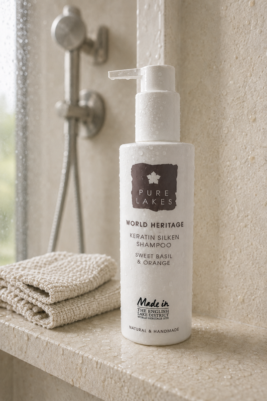 A bottle of Pure Lakes World Heritage Keratin Silken Shampoo sits on a textured stone shelf next to a folded beige towel, with a shower fixture softly blurred in the background.