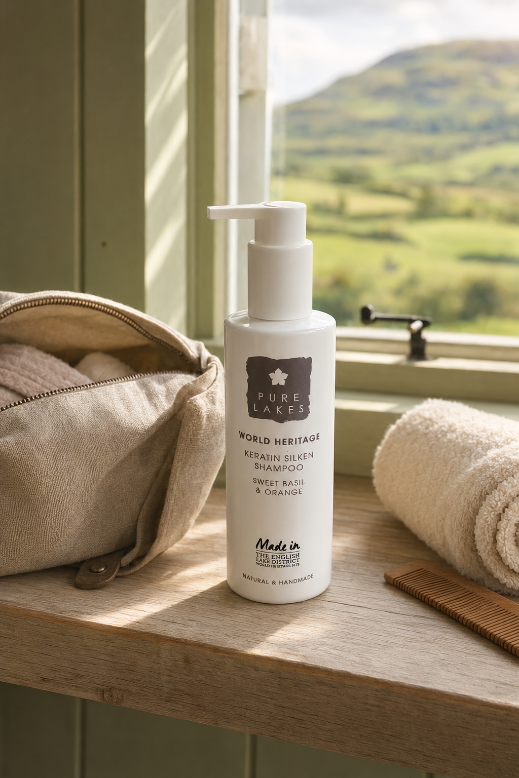 A bottle of Pure Lakes World Heritage Keratin Silver Shampoo stands on a wooden shelf next to a beige toiletry pouch and a rolled towel, with a scenic green valley landscape visible in the background.