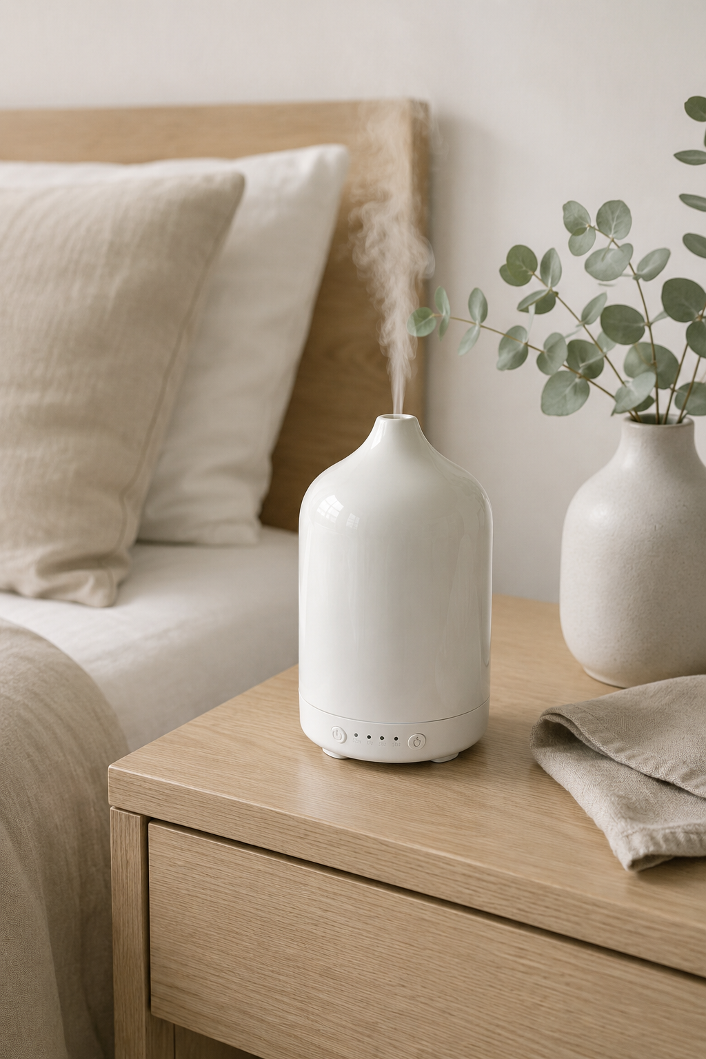 White diffuser on a wooden nightstand with a plant and towel in a bedroom setting