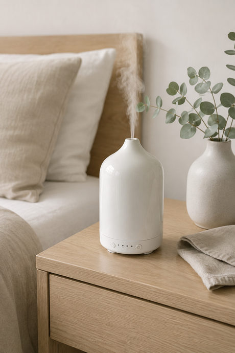 White diffuser on a wooden nightstand with a plant and towel in a bedroom setting
