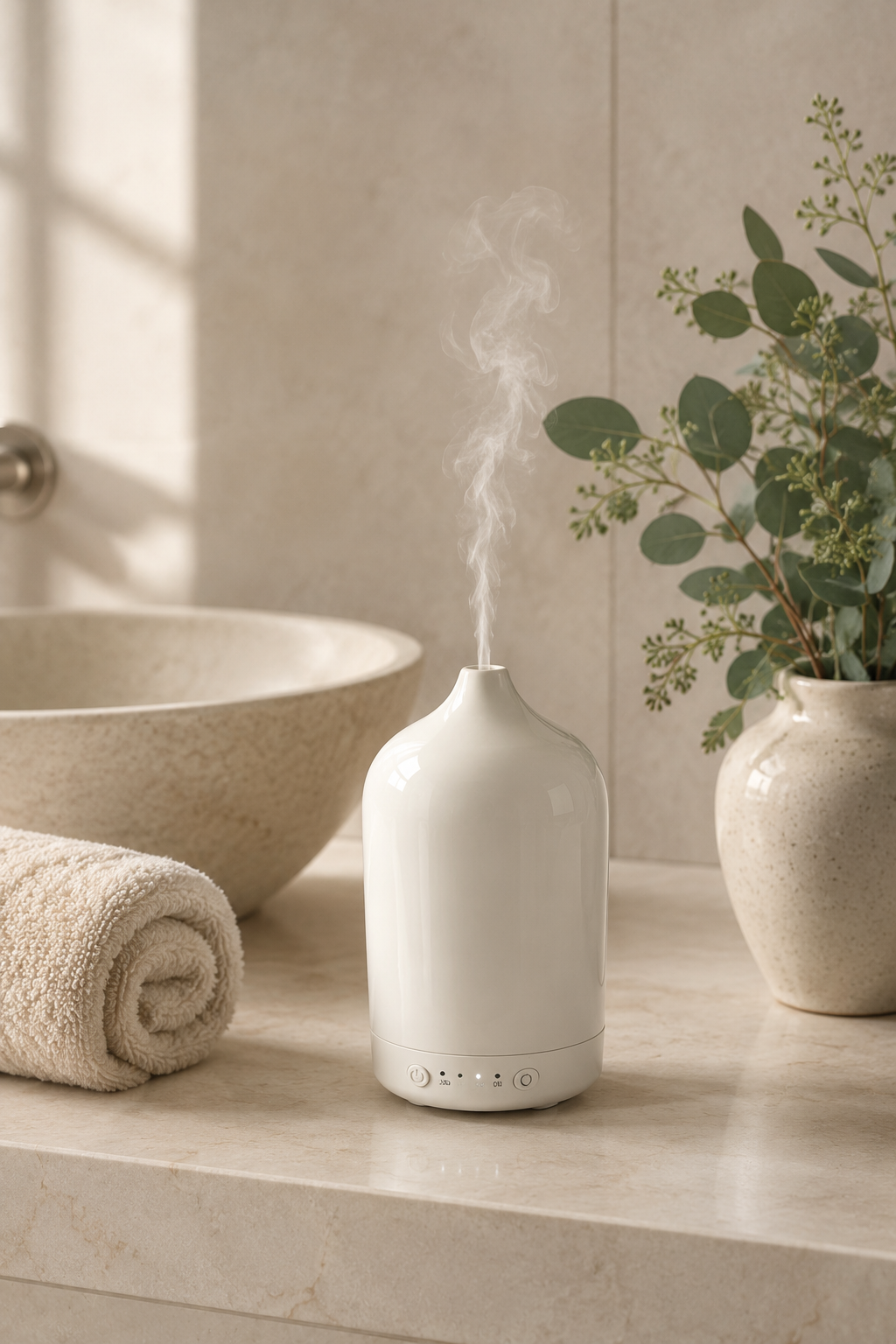 White diffuser emitting steam on a bathroom counter with a plant and towel in the background