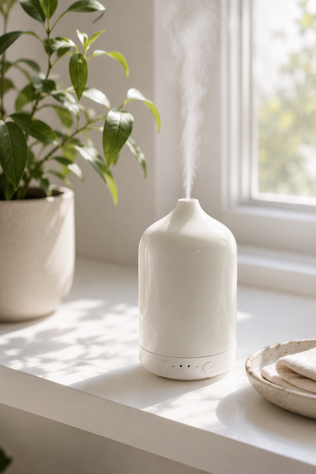 White diffuser on a windowsill with a plant and bowl in the background