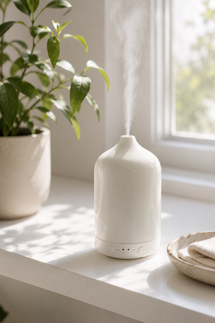 White diffuser on a windowsill with a plant and bowl in the background