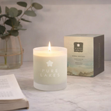 Pure Lakes candles with packaging and decorative elements.
