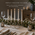 Quintuple candelabra centrepiece with dimensions and features displayed.