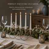 Quintuple candelabra centrepiece with dimensions and features displayed.