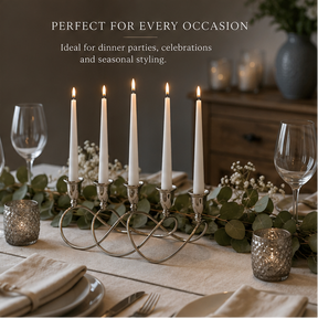 Quintuple candelabra centrepiece with dimensions and features displayed.
