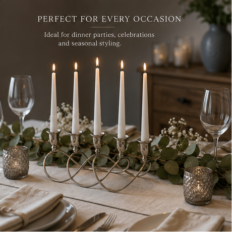 Quintuple candelabra centrepiece with dimensions and features displayed.