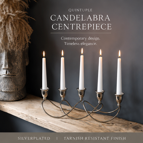 Quintuple candelabra centrepiece with dimensions and features displayed.