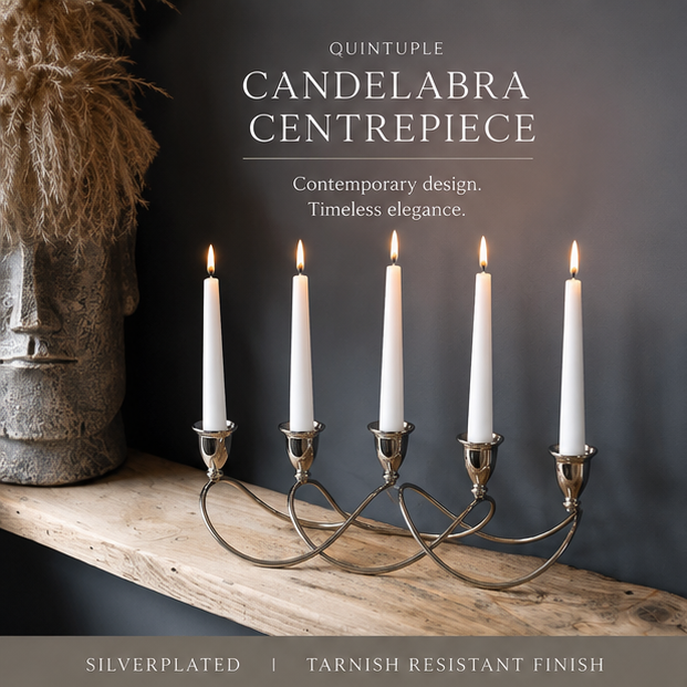 Quintuple candelabra centrepiece with dimensions and features displayed.