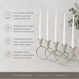 Quintuple candelabra centrepiece with dimensions and features displayed.