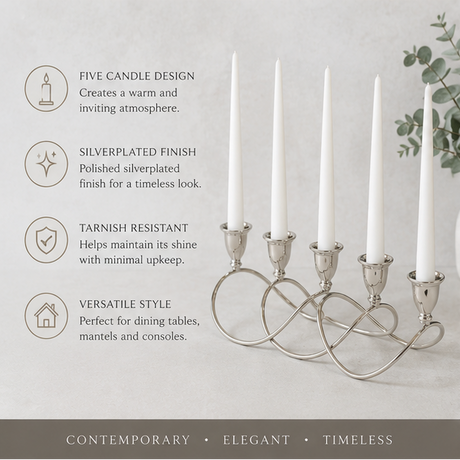 Quintuple candelabra centrepiece with dimensions and features displayed.