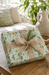A wrapped gift box with a light blue and green illustrated water colour quirky ducks pattern, tied with a rustic burlap ribbon and bow, sits on a wooden table in a softly lit indoor setting with a plant and ceramic pitcher in the background.