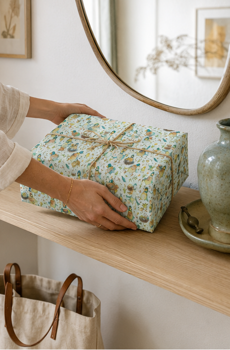 A person's hands are shown holding a gift box in a light green, blue, and yellow quirky duck watercolour illustrated patterned paper with a twine bow. The scene is set on a wooden shelf next to a ceramic vase and a canvas tote bag.
