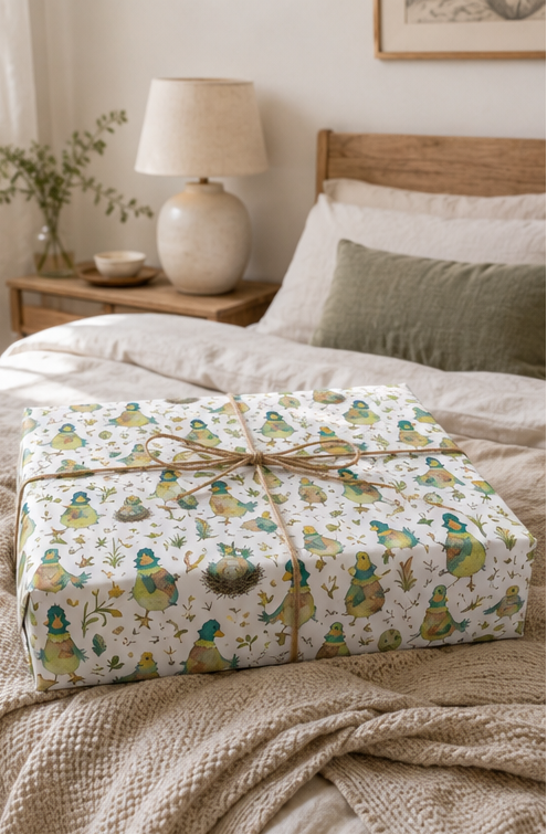 A wrapped gift box with quirky ducks pattern wrapping paper, tied with twine sits on a cozy bed. 