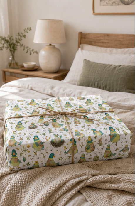 A wrapped gift box with quirky ducks pattern wrapping paper, tied with twine sits on a cozy bed. 