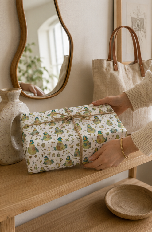 A wrapped gift box with a green Duck patterned paper and a twine bow, held by hands on a wooden shelf next to a canvas tote bag and ceramic vases.