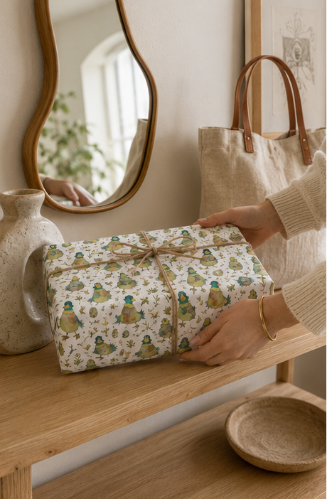 A wrapped gift box with a green Duck patterned paper and a twine bow, held by hands on a wooden shelf next to a canvas tote bag and ceramic vases.