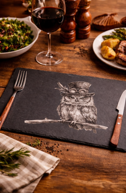 a dining table setup with food, drinks, and owl-themed placemats.