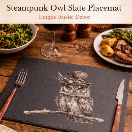 Slate placemat with steampunk owl design on a dining table setting.