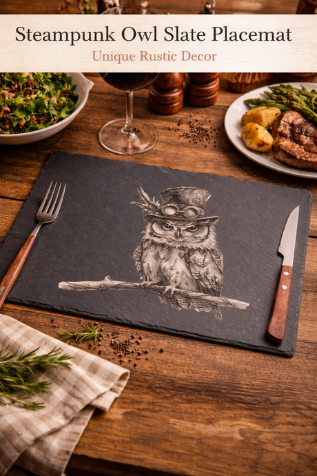 Slate placemat with steampunk owl design on a wooden table with food and cutlery.