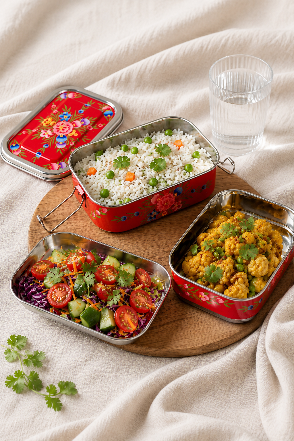 Red Floral Garland Hand Painted Stainless Steel Tiffin Lunch Box