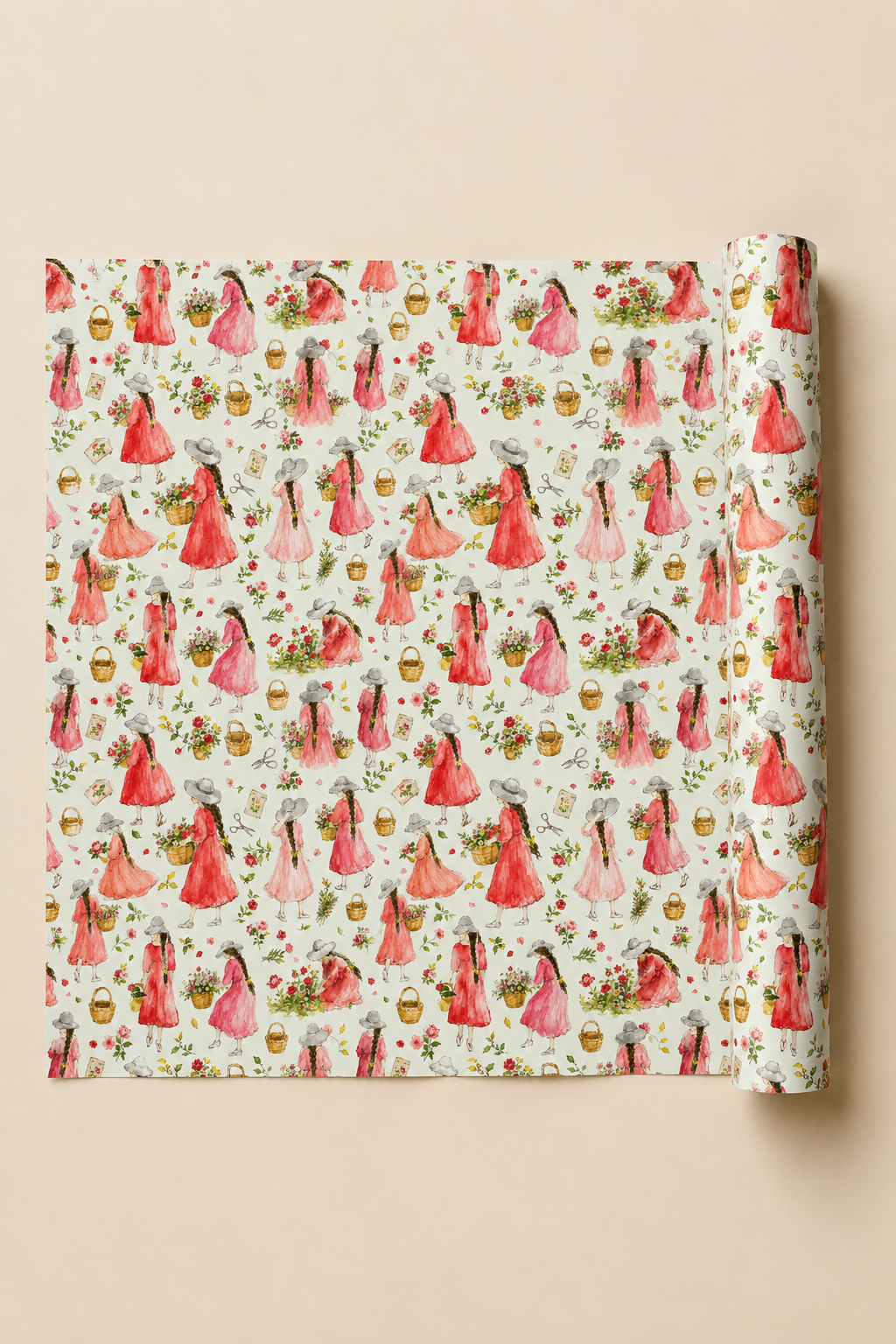 A roll of wrapping paper with a repeating watercolor pattern of women in red dresses, standing in fields of flowers, and carrying baskets, shown on a light beige background.