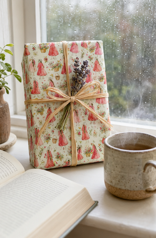 A wrapped gift box with a vintage-style floral print of pink dresses, roses and green foliage, tied with a natural jute twine bow and decorated with dried lavender, sitting on a windowsill next to an open book and a ceramic mug.